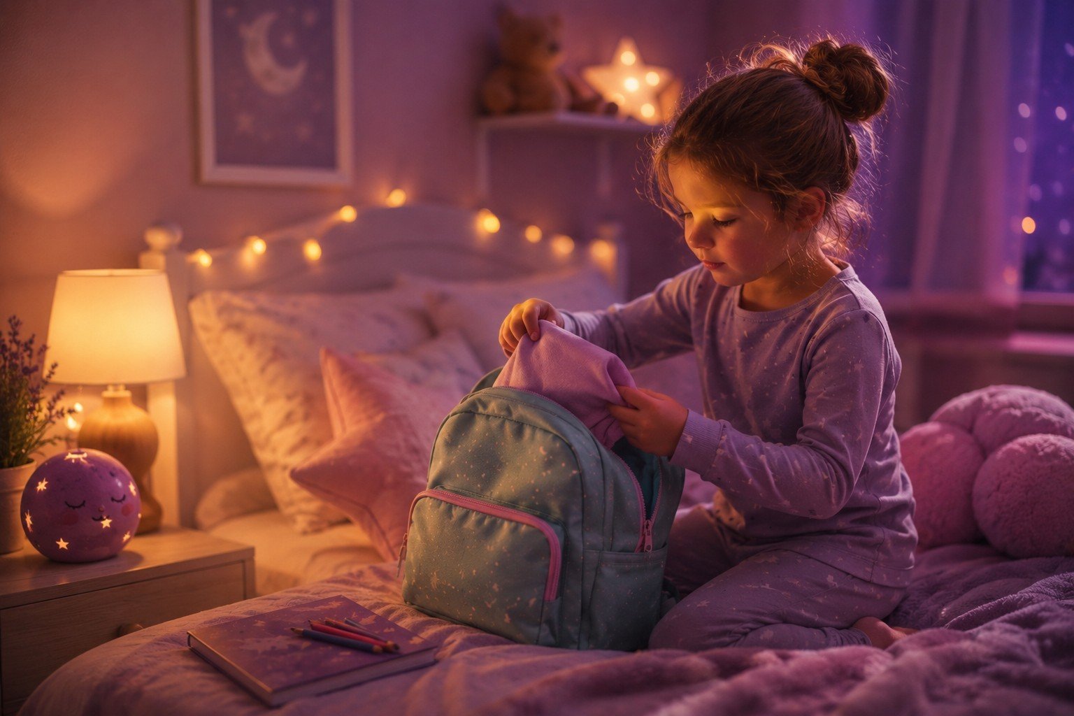 Child packing a school backpack in a cosy bedroom at bedtime