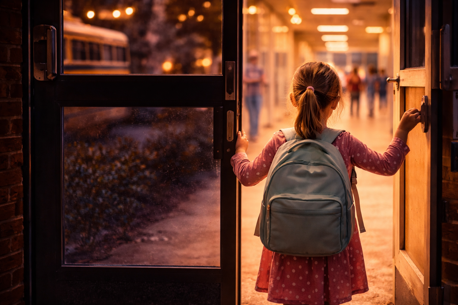 Child bravely entering school
