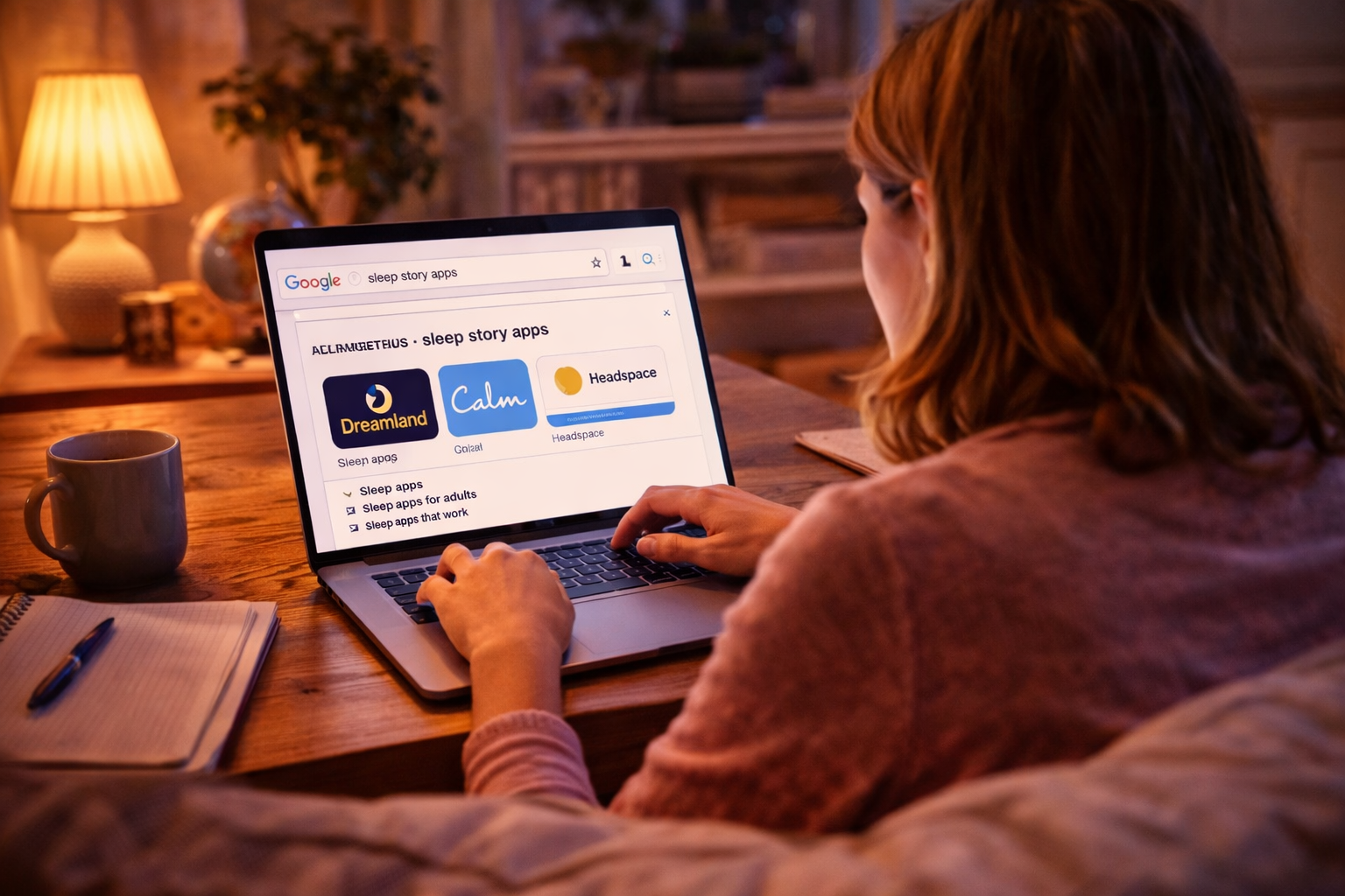 Parent researching bedtime apps on laptop at night