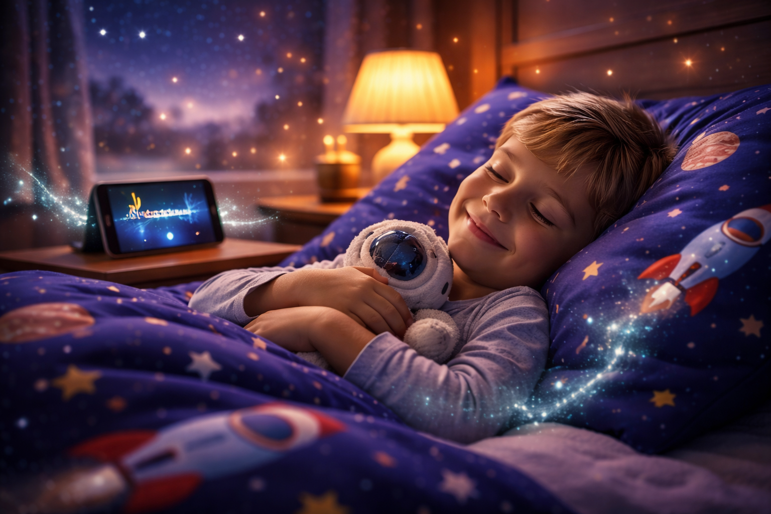 Child sleeping peacefully with app playing