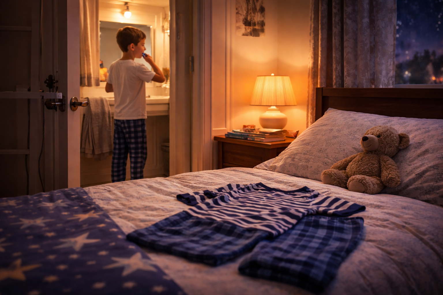 Child following bedtime routine at night