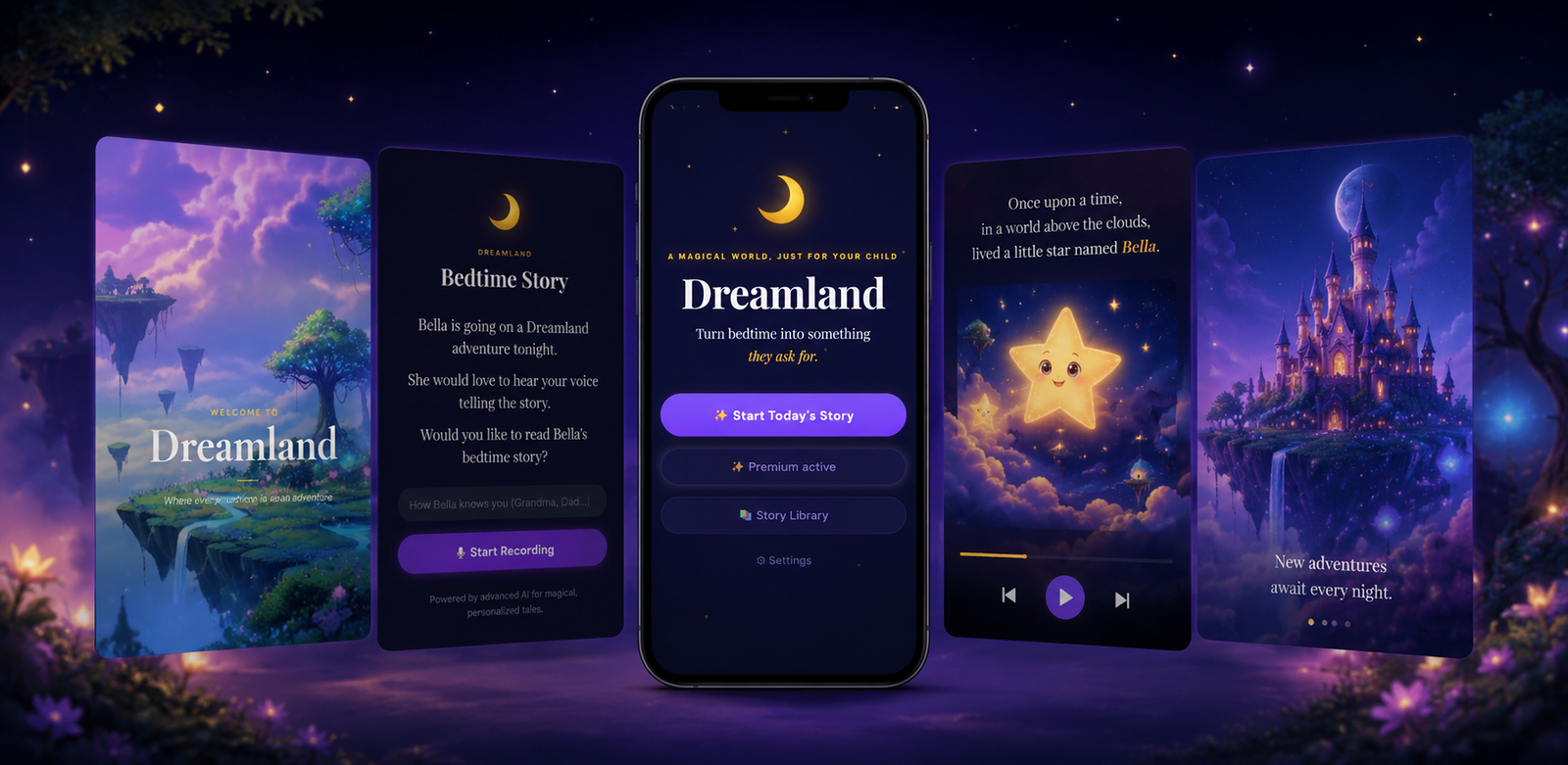 Dreamland app shown across five screens — welcome, voice recording, home, story playback, and a magical castle world